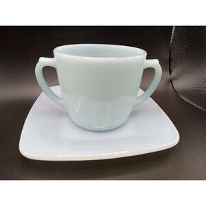 1940s Vintage Fire King Azurite Delphite Blue Sugar Bowl and Square Saucer